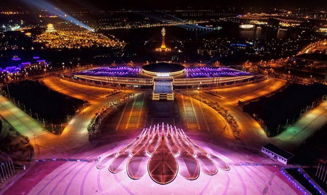 Night view of Nanhu Lake scenic area in Tangshan, N China