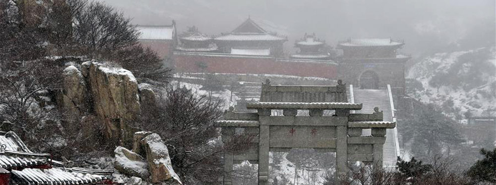 泰山迎降雪 美若水墨畫